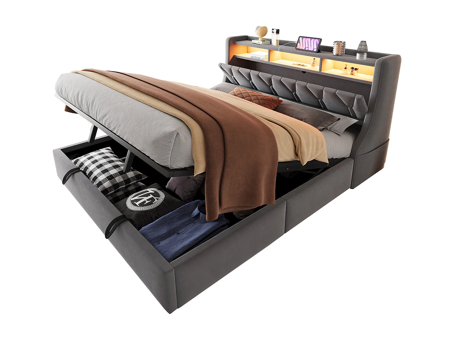Doppelbett mit Stauraum – 180 x 200 cm – hydraulisch – klappbares Kopfteil mit Stauraum + LEDs – MDF – grau