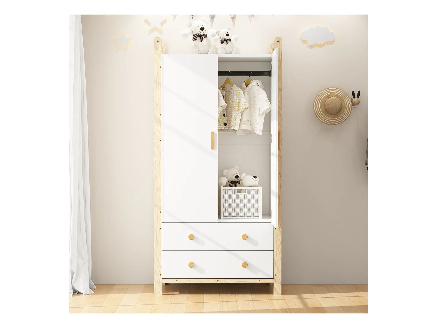 Armoire pour enfant - 90 x 45 x 180 cm - avec 2 portes + tringle à vêtements + 2 tiroirs - aggloméré - blanc