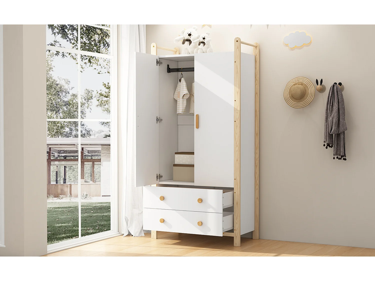 Armoire pour enfant - 90 x 45 x 180 cm - avec 2 portes + tringle à vêtements + 2 tiroirs - aggloméré - blanc