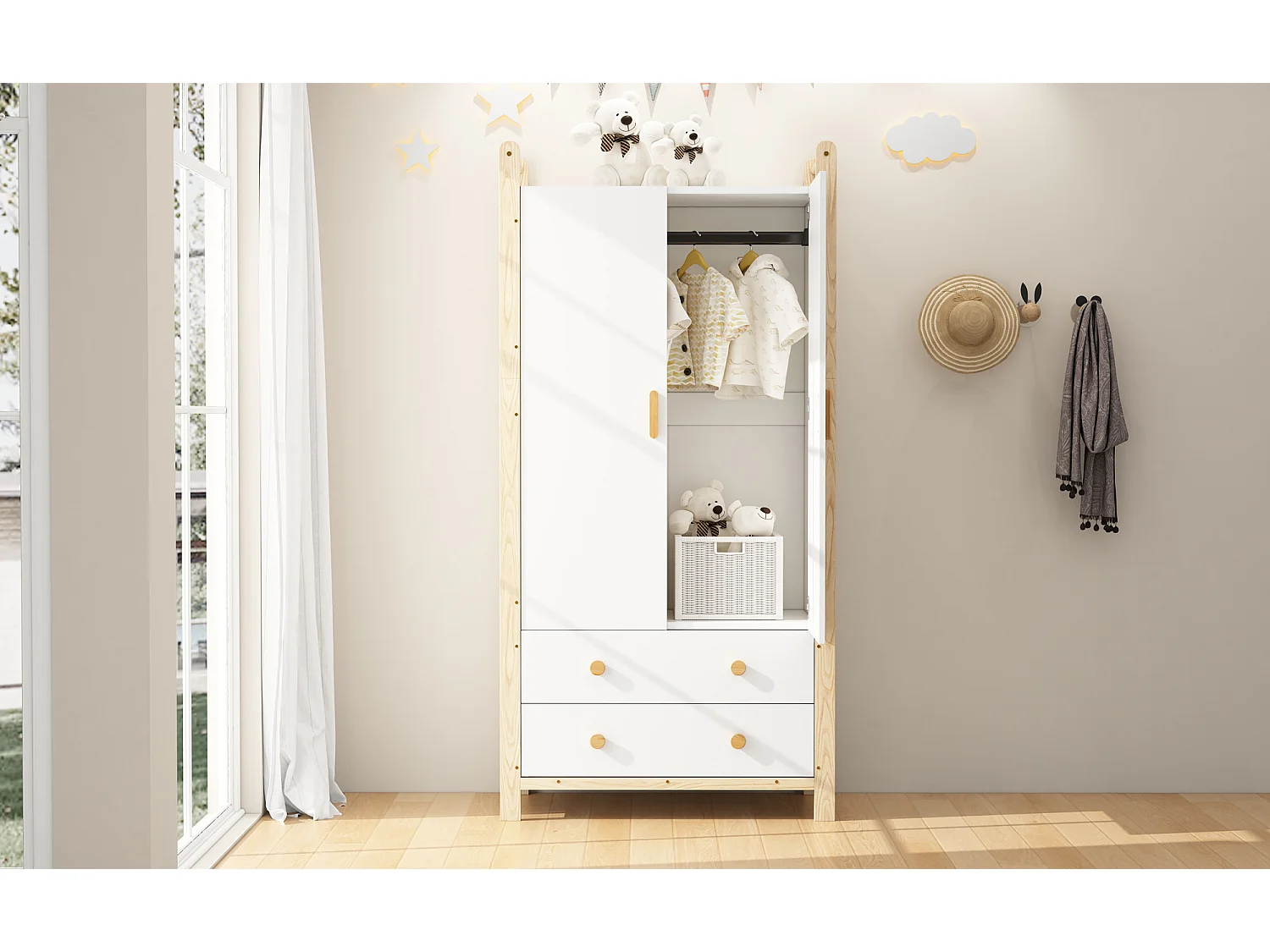 Armoire pour enfant - 90 x 45 x 180 cm - avec 2 portes + tringle à vêtements + 2 tiroirs - aggloméré - blanc