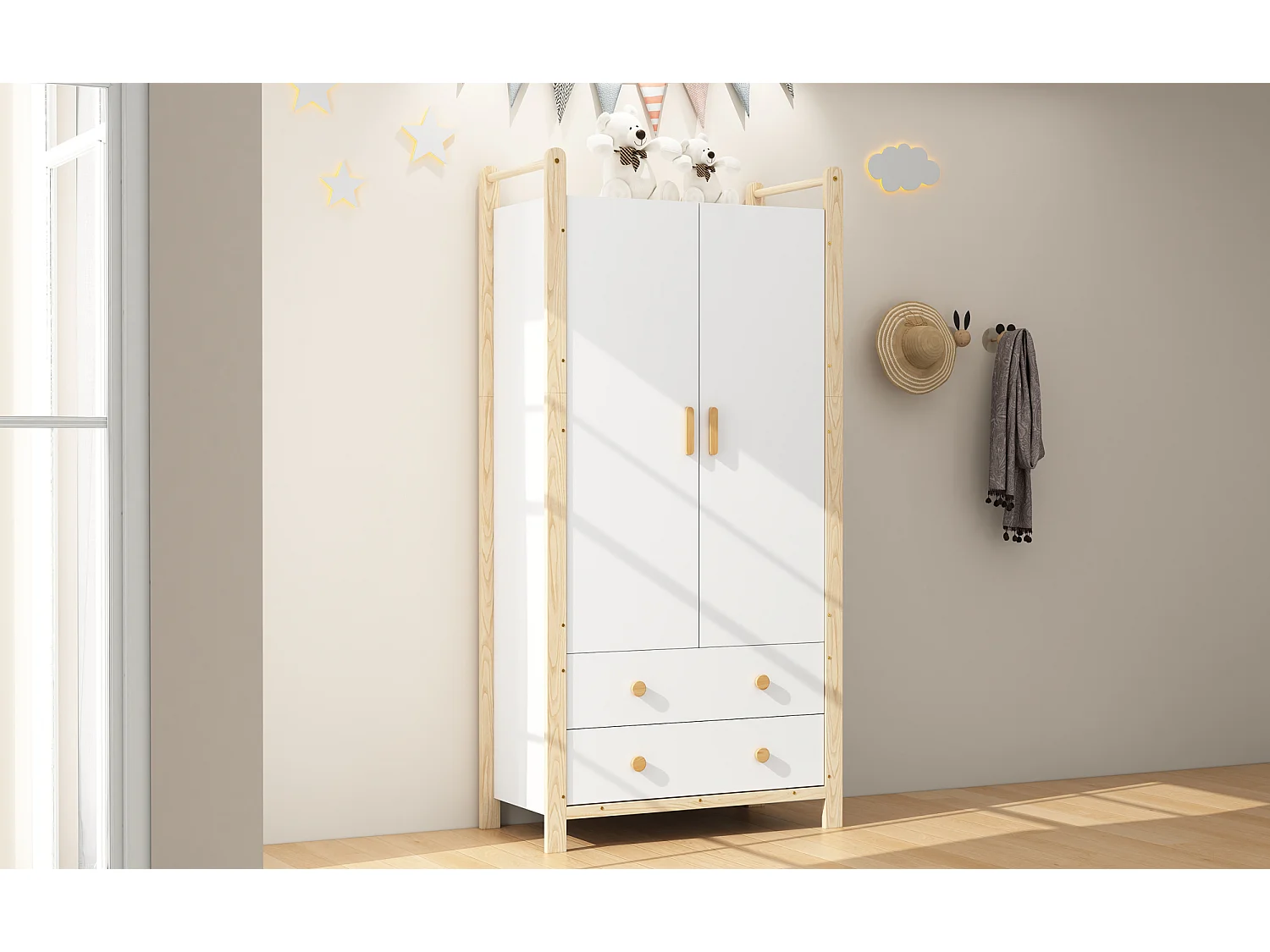 Armoire pour enfant - 90 x 45 x 180 cm - avec 2 portes + tringle à vêtements + 2 tiroirs - aggloméré - blanc