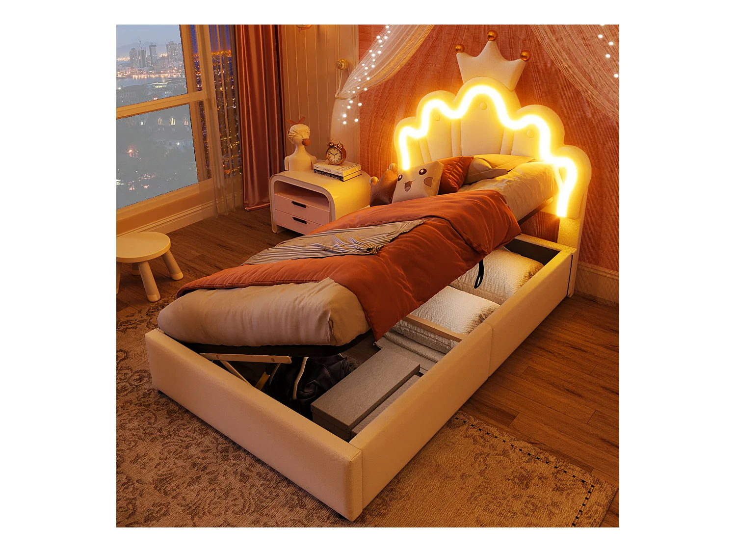 Lit coffre enfant - 90 x 200 cm - rangement hydraulique - avec Leds + tête de lit réglable - PU - blanc