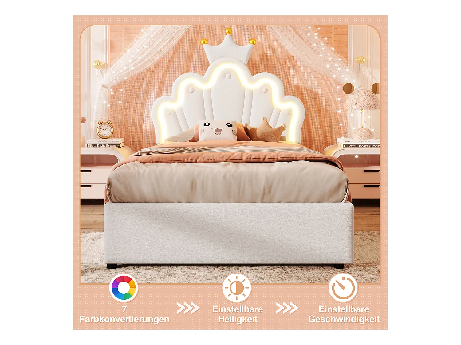 Lit coffre enfant - 90 x 200 cm - rangement hydraulique - avec Leds + tête de lit réglable - PU - blanc