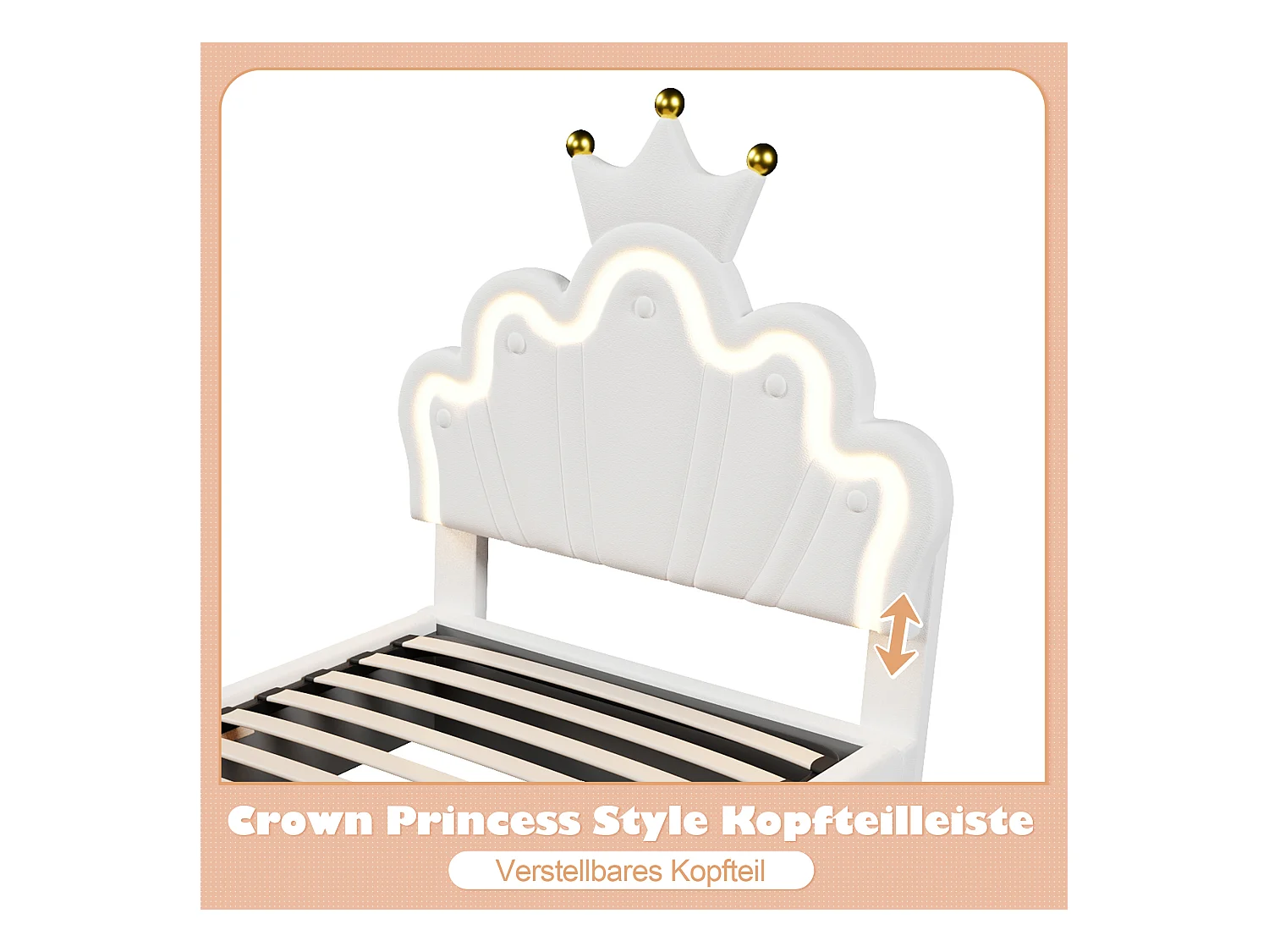 Lit coffre enfant - 90 x 200 cm - rangement hydraulique - avec Leds + tête de lit réglable - PU - blanc