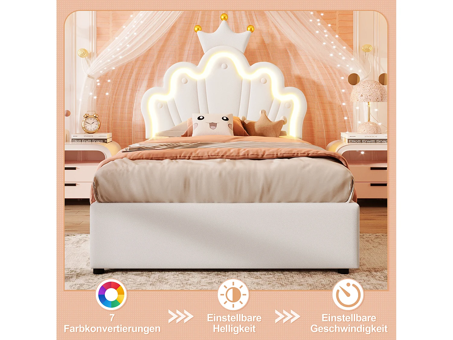 Letto contenitore per bambini - 90 x 200 cm - contenitore idraulico - con LED + testiera regolabile - PU - bianco