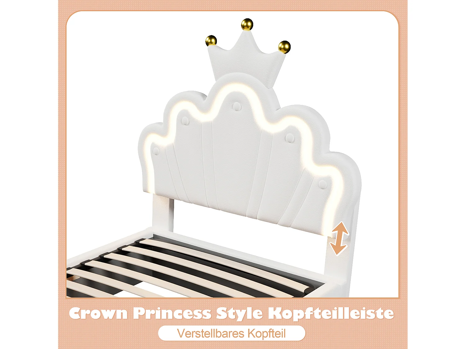 Letto contenitore per bambini - 90 x 200 cm - contenitore idraulico - con LED + testiera regolabile - PU - bianco