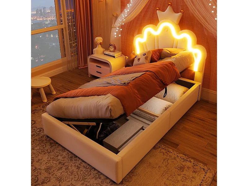 Cama infantil com arrumação - 90 x 200 cm - arrumação hidráulica - com LEDs + cabeceira ajustável - PU - branco