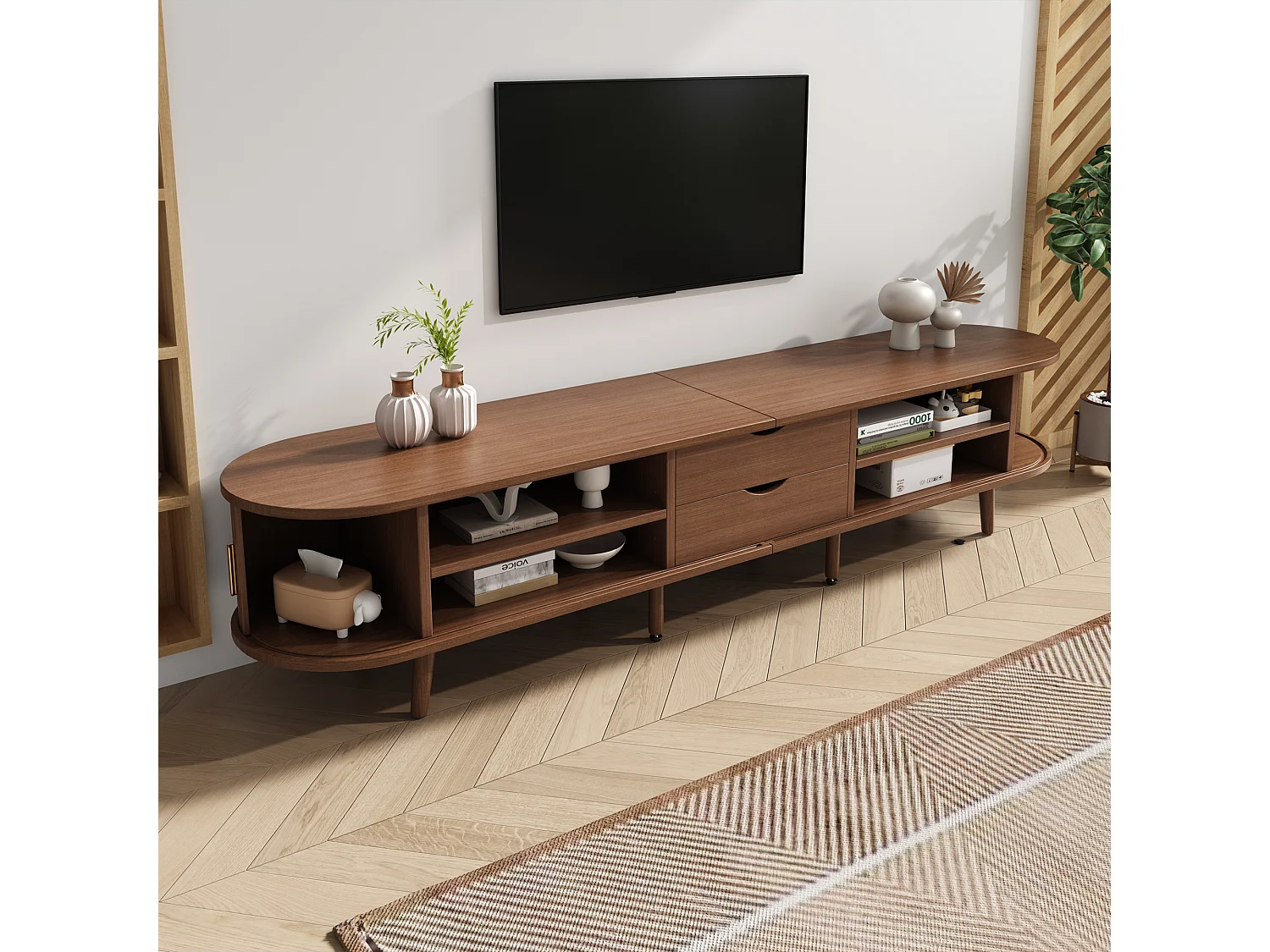 Meuble TV de salon - 170 x 40 x 42 cm - avec 2 tiroirs + portes télescopiques - MDF - naturel foncé