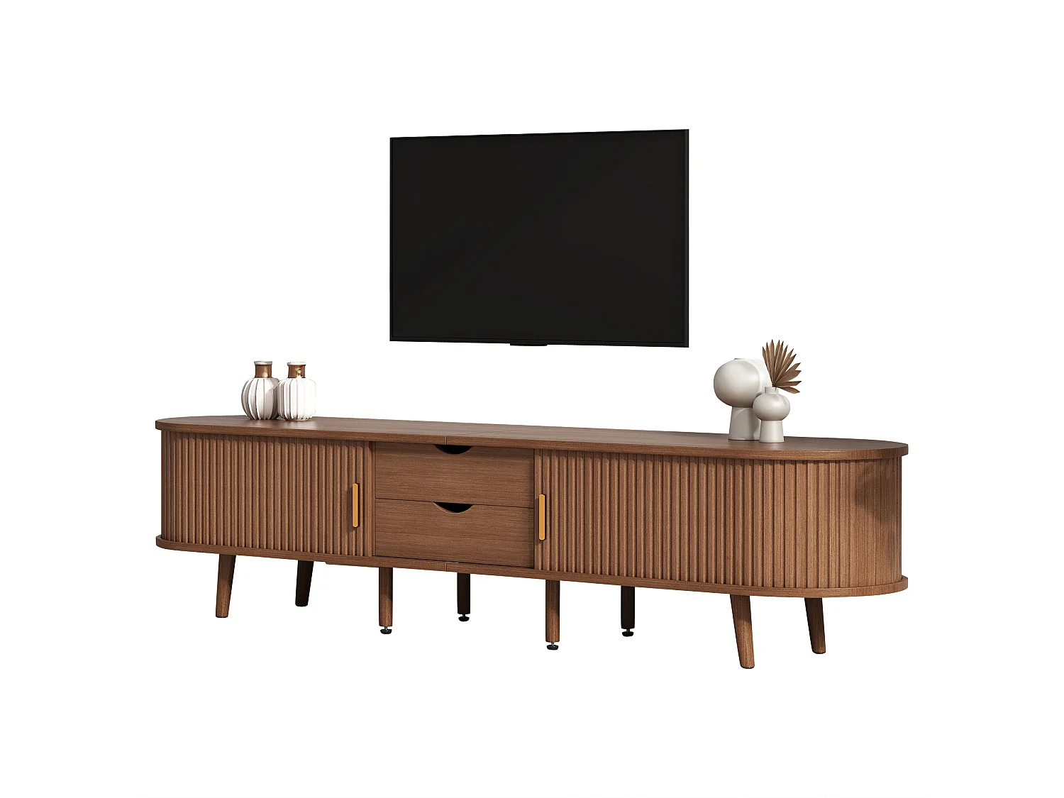 Meuble TV de salon - 170 x 40 x 42 cm - avec 2 tiroirs + portes télescopiques - MDF - naturel foncé
