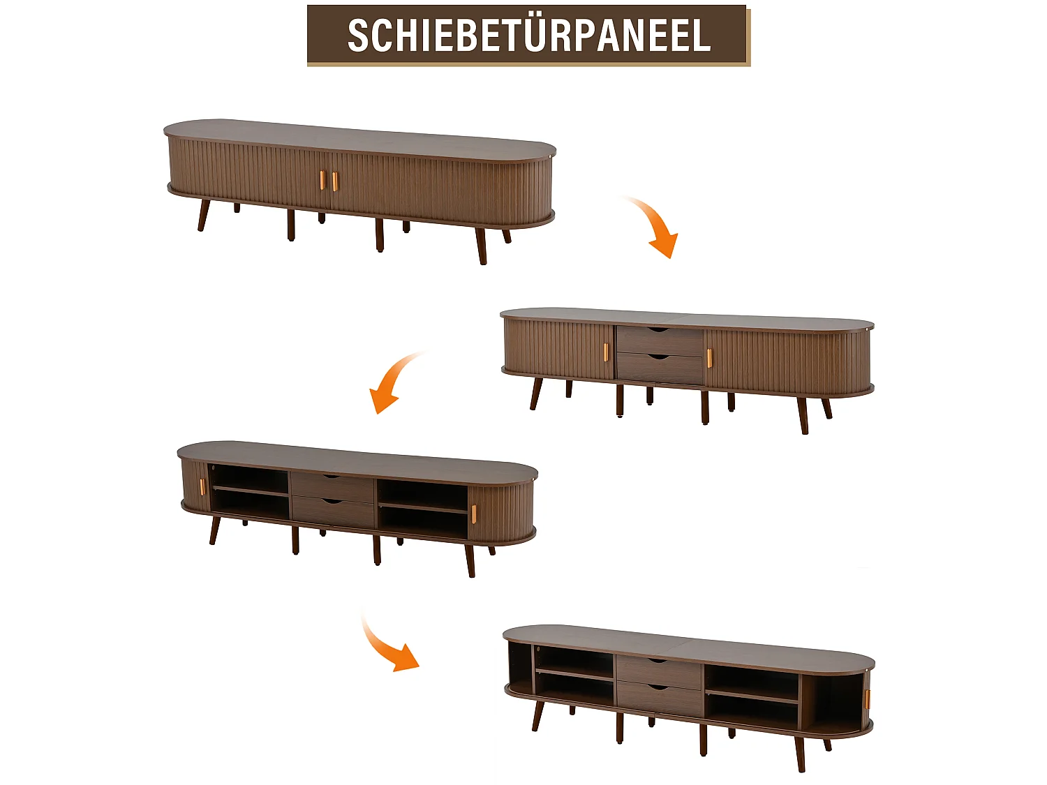 Meuble TV de salon - 170 x 40 x 42 cm - avec 2 tiroirs + portes télescopiques - MDF - naturel foncé