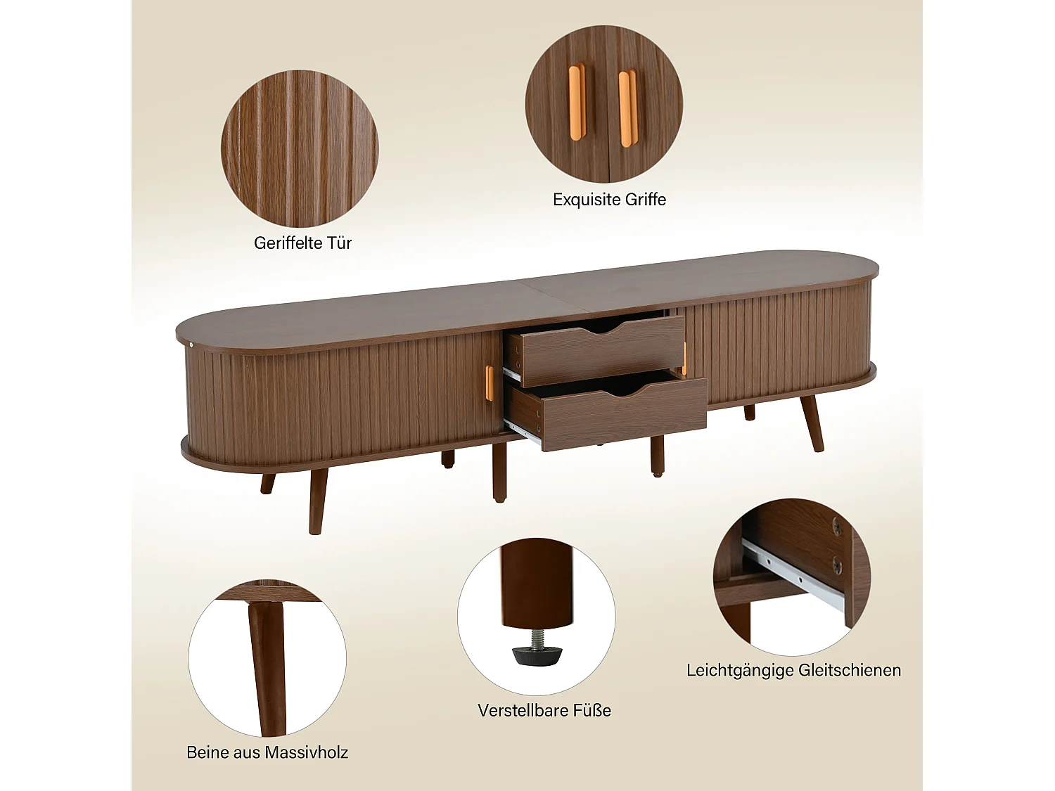 Meuble TV de salon - 170 x 40 x 42 cm - avec 2 tiroirs + portes télescopiques - MDF - naturel foncé