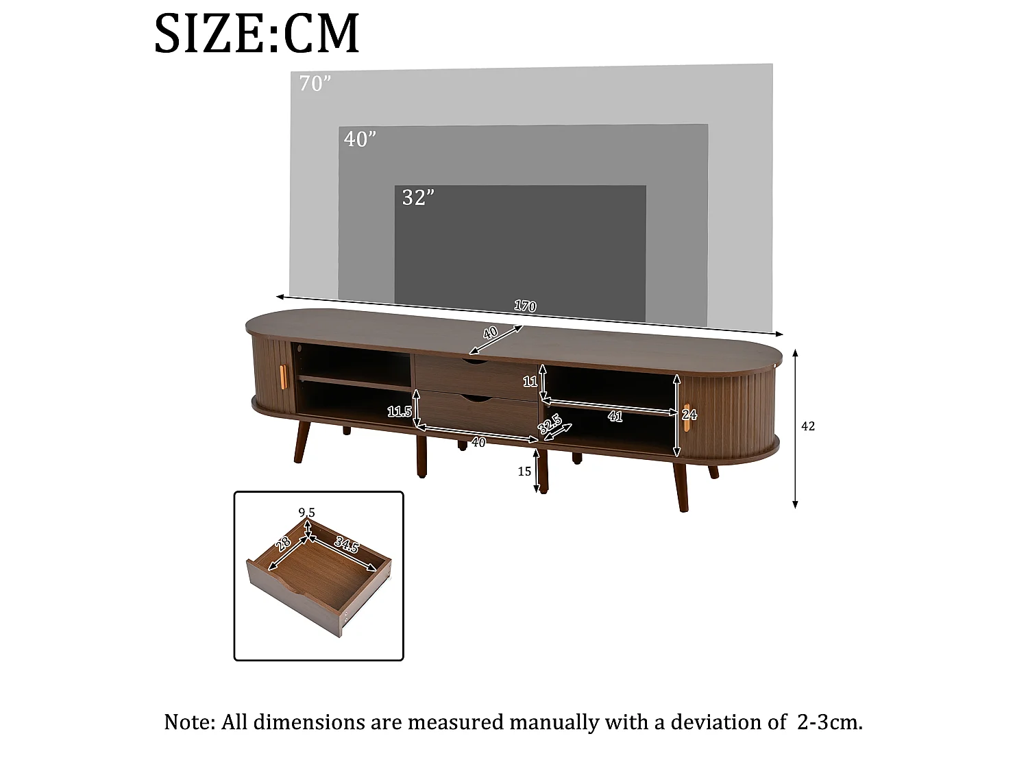Meuble TV de salon - 170 x 40 x 42 cm - avec 2 tiroirs + portes télescopiques - MDF - naturel foncé