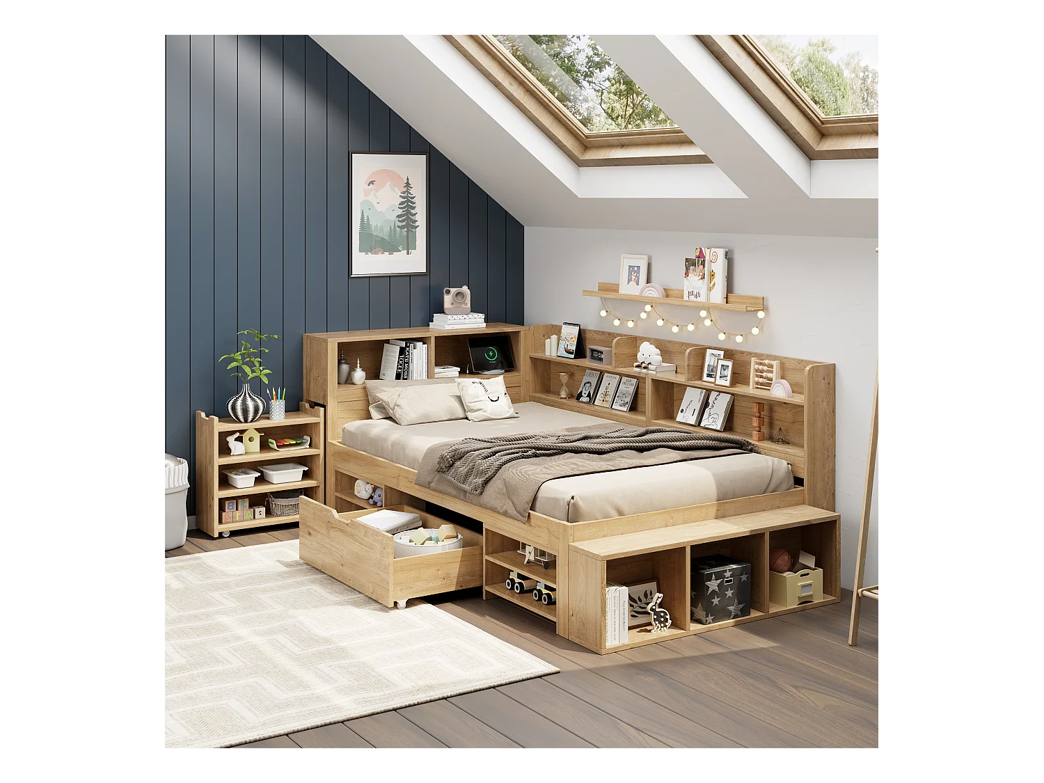 Łóżko dziecięce z pojemnikiem - 90 x 200 cm - z wysuwanymi szufladami nocnymi + półka - sklejka - naturalne