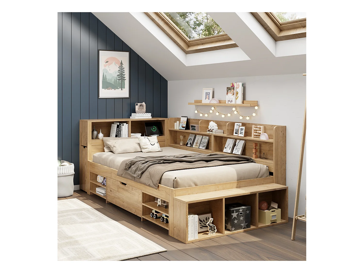 Łóżko dziecięce z pojemnikiem - 90 x 200 cm - z wysuwanymi szufladami nocnymi + półka - sklejka - naturalne