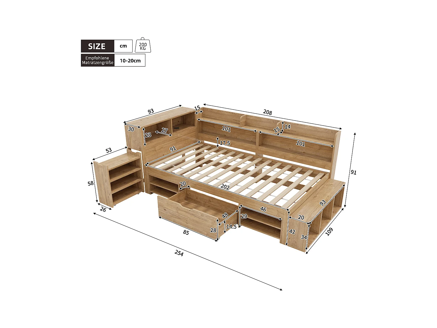 Łóżko dziecięce z pojemnikiem - 90 x 200 cm - z wysuwanymi szufladami nocnymi + półka - sklejka - naturalne