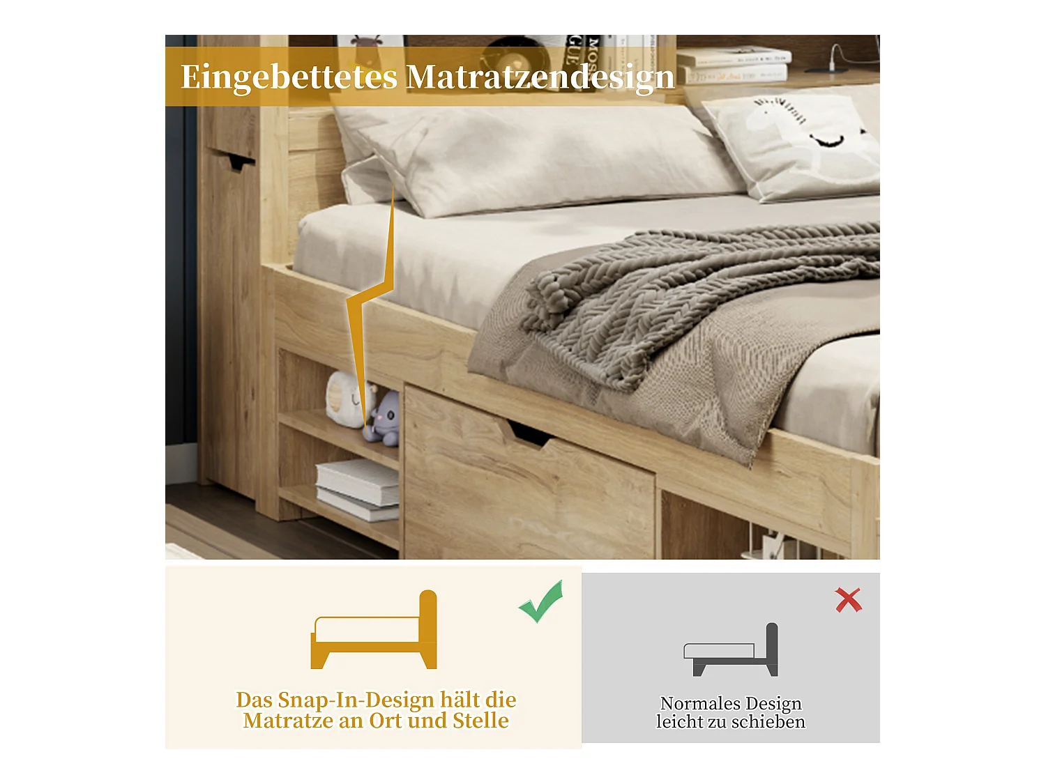 Łóżko dziecięce z pojemnikiem - 90 x 200 cm - z wysuwanymi szufladami nocnymi + półka - sklejka - naturalne