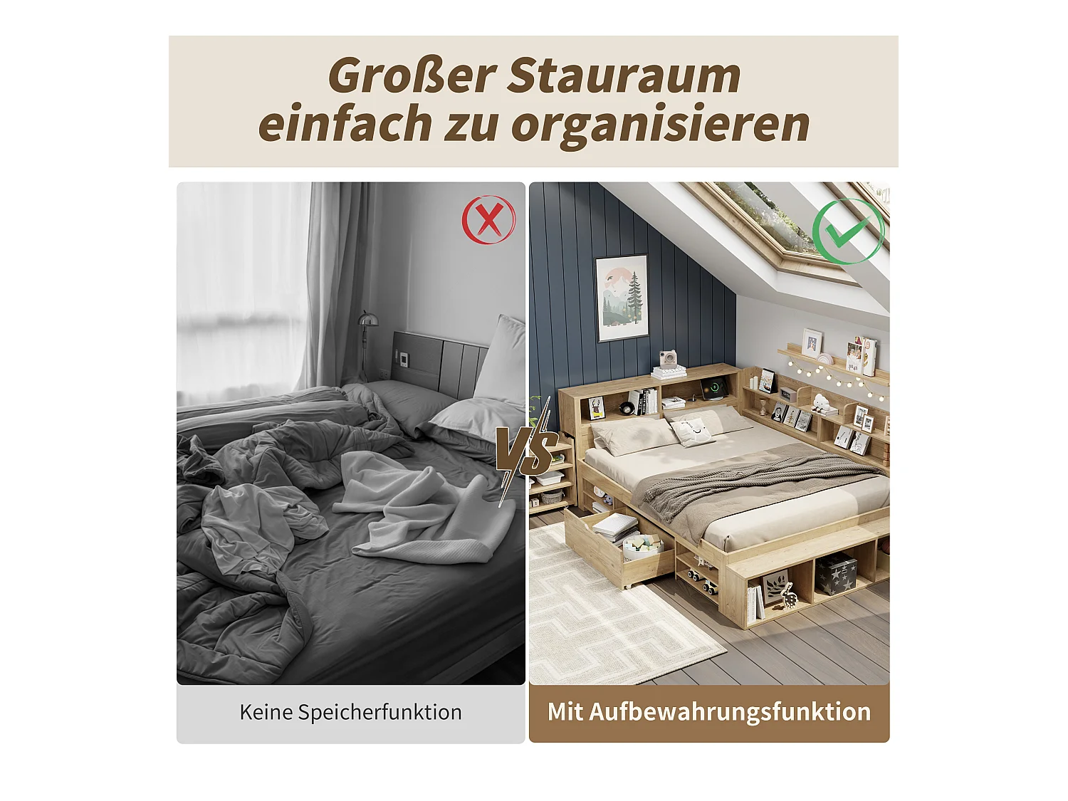 Łóżko dziecięce z pojemnikiem - 90 x 200 cm - z wysuwanymi szufladami nocnymi + półka - sklejka - naturalne