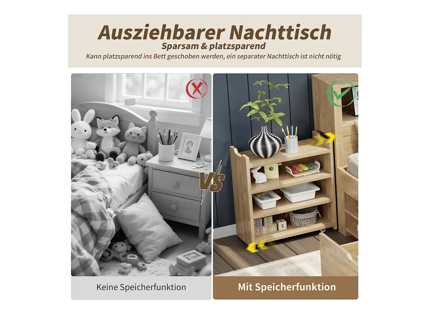 Łóżko dziecięce z pojemnikiem - 90 x 200 cm - z wysuwanymi szufladami nocnymi + półka - sklejka - naturalne