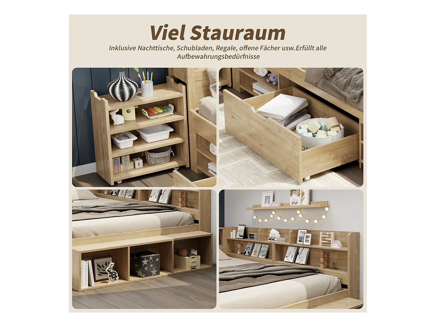 Łóżko dziecięce z pojemnikiem - 90 x 200 cm - z wysuwanymi szufladami nocnymi + półka - sklejka - naturalne