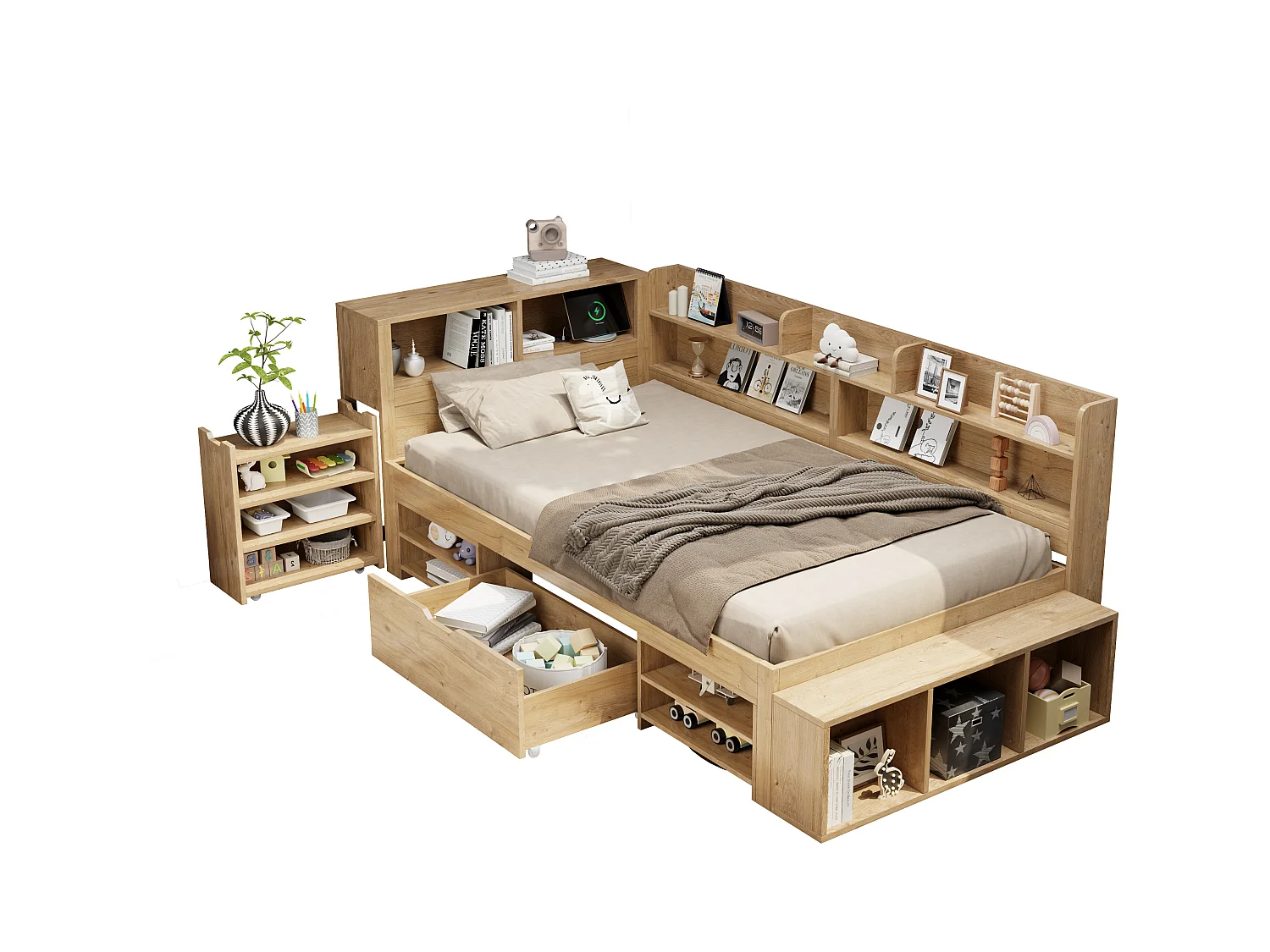 Łóżko dziecięce z pojemnikiem - 90 x 200 cm - z wysuwanymi szufladami nocnymi + półka - sklejka - naturalne