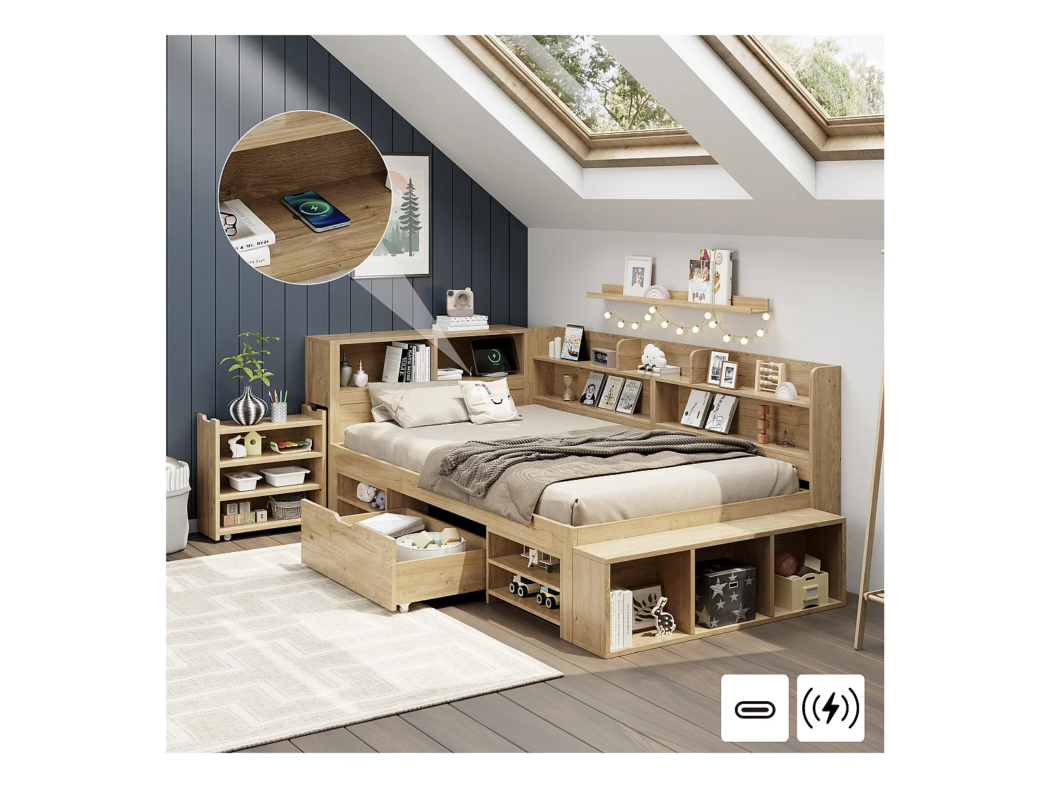 Lit coffre enfant - 90 x 200 cm - avec tiroirs de chevet coulissants + étagère - contre-plaqué - naturel