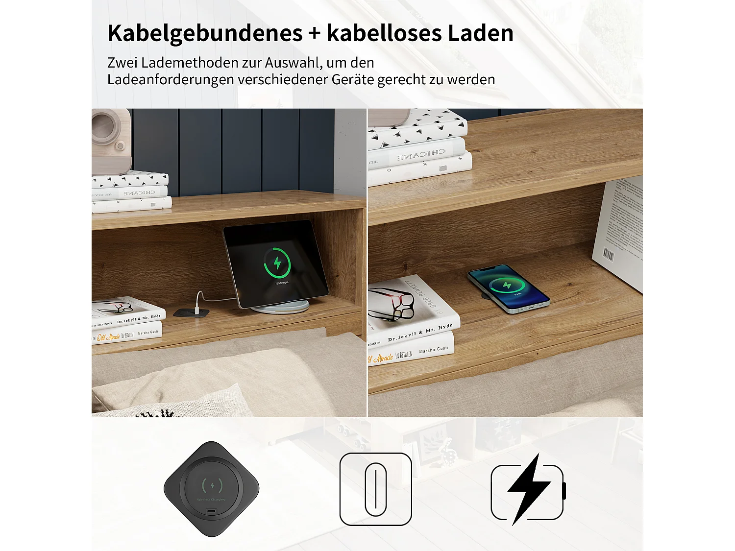 Kinderbett mit Stauraum - 90 x 200 cm - mit ausziehbaren Nachttischschubladen + Regal - Sperrholz - natur