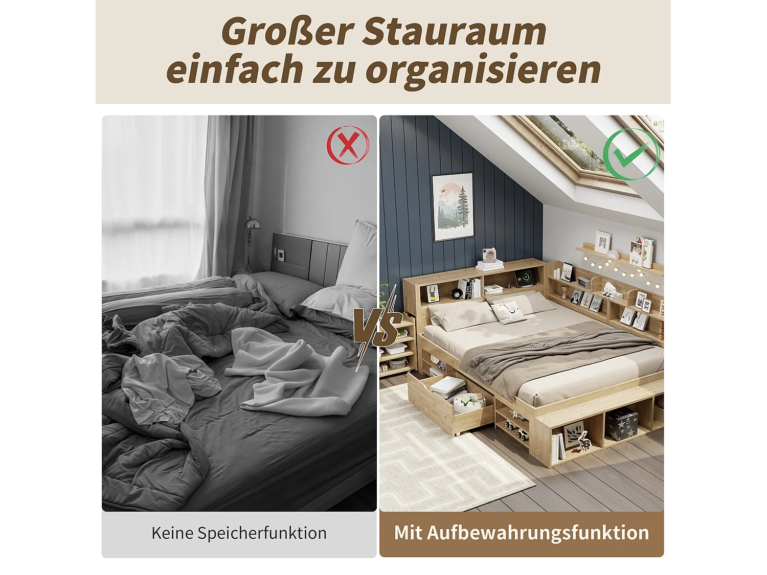 Kinderbett mit Stauraum - 90 x 200 cm - mit ausziehbaren Nachttischschubladen + Regal - Sperrholz - natur