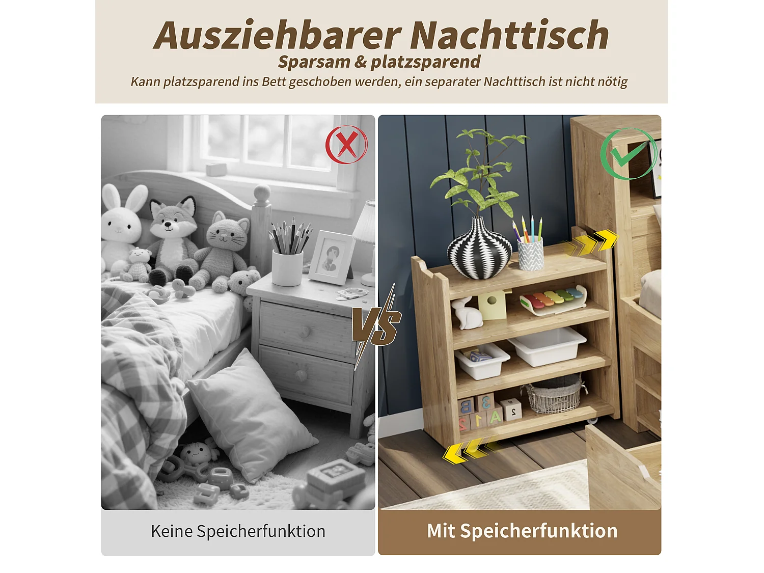 Kinderbett mit Stauraum - 90 x 200 cm - mit ausziehbaren Nachttischschubladen + Regal - Sperrholz - natur