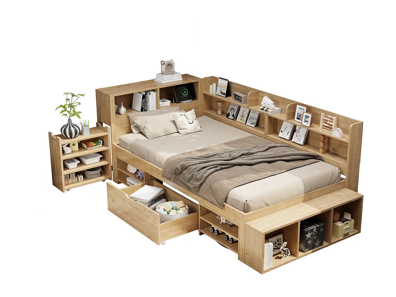 Kinderbett mit Stauraum - 90 x 200 cm - mit ausziehbaren Nachttischschubladen + Regal - Sperrholz - natur