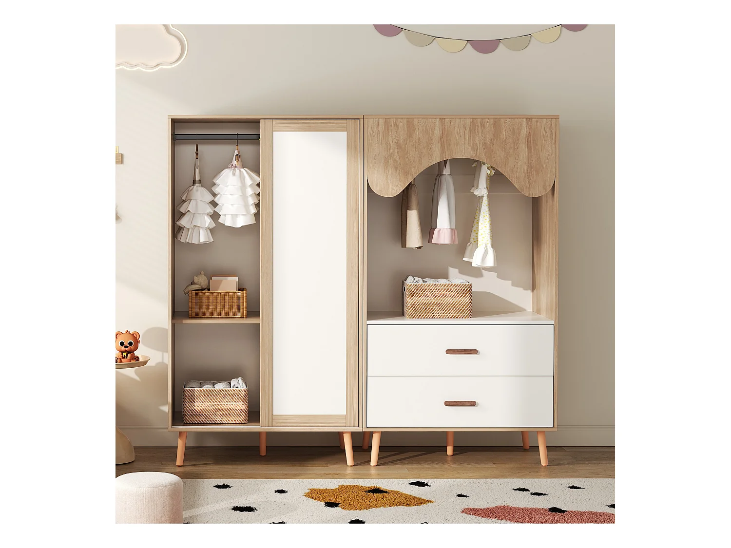 Ensemble Armoire pour enfants - 80(160) x 46 x 141.5 cm - avec portes coulissantes + 2 tiroirs - MDF - naturel