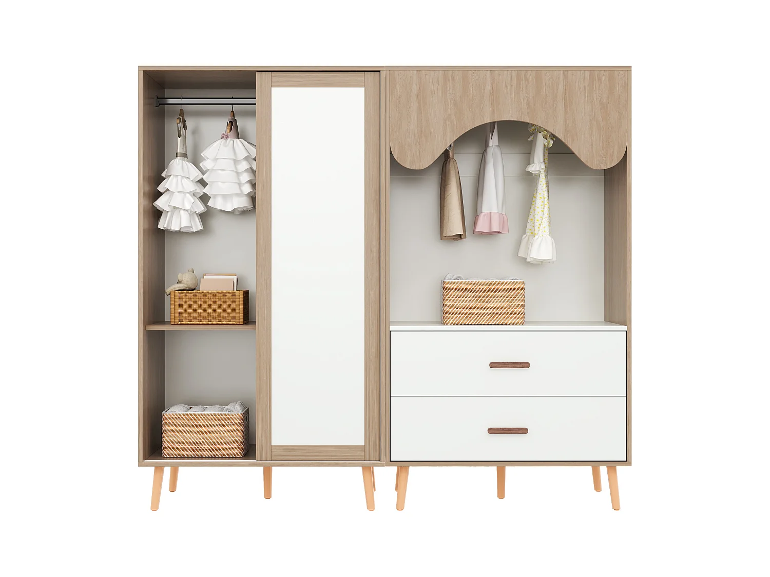 Ensemble Armoire pour enfants - 80(160) x 46 x 141.5 cm - avec portes coulissantes + 2 tiroirs - MDF - naturel