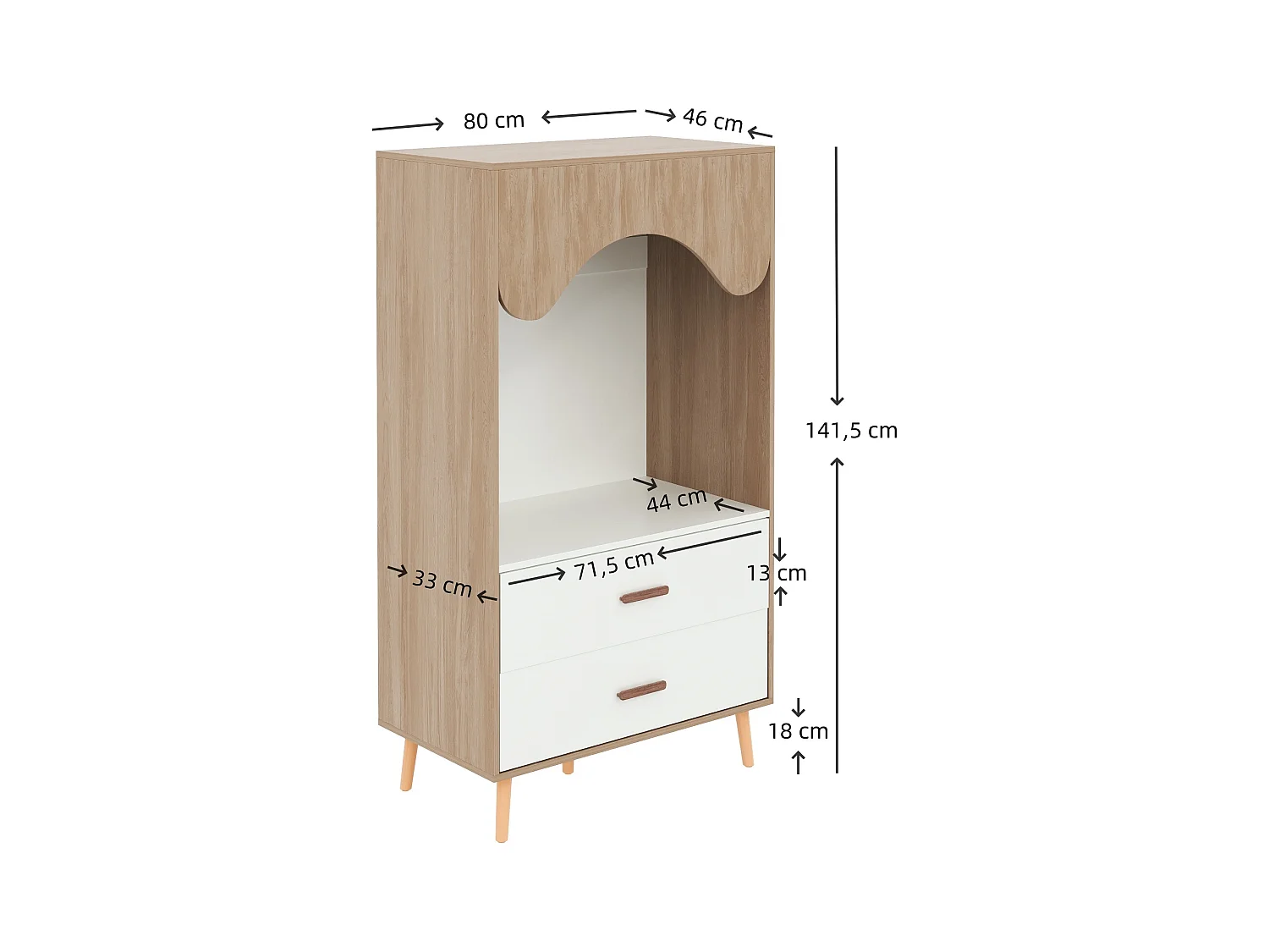 Ensemble Armoire pour enfants - 80(160) x 46 x 141.5 cm - avec portes coulissantes + 2 tiroirs - MDF - naturel