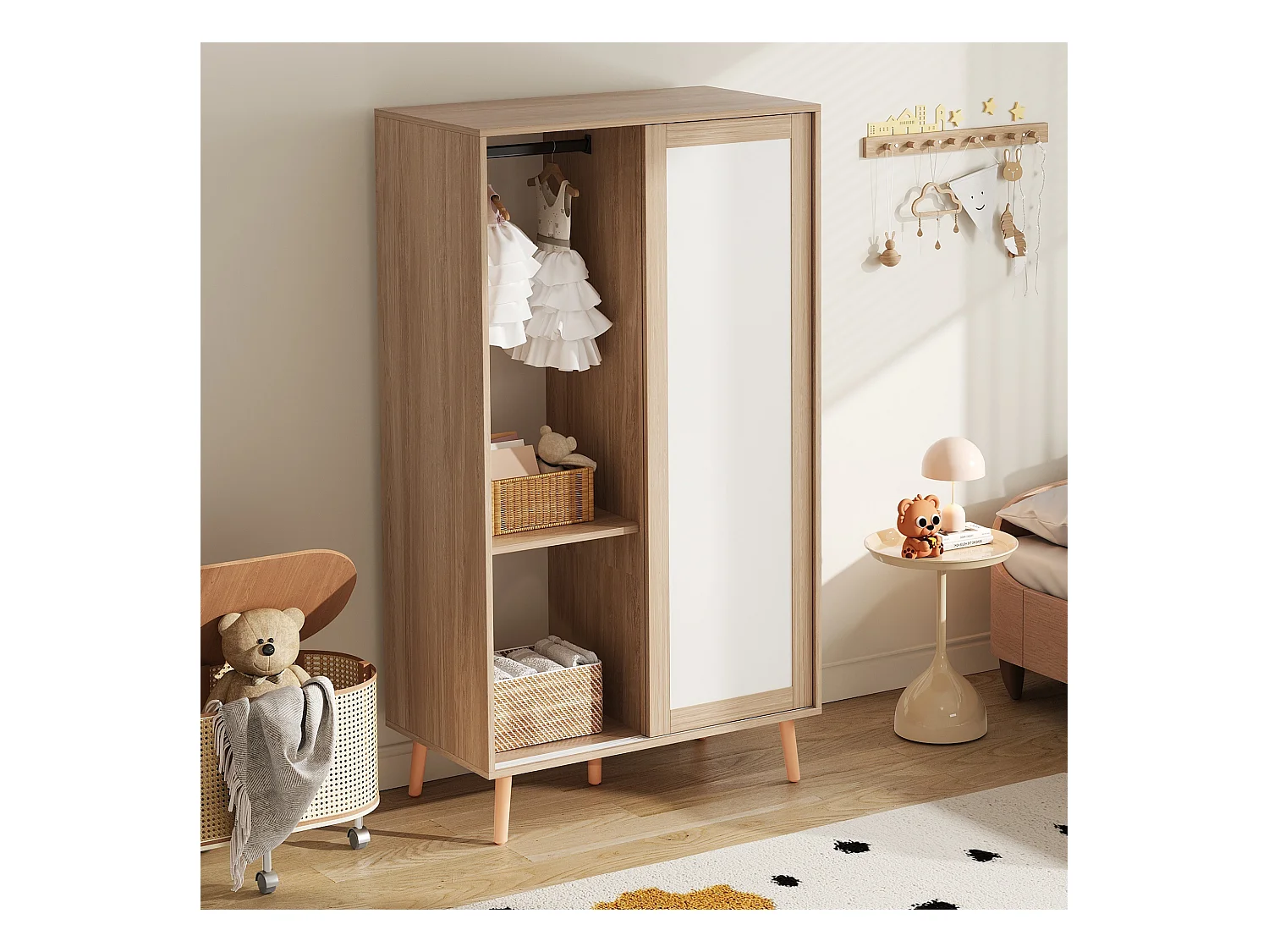 Ensemble Armoire pour enfants - 80(160) x 46 x 141.5 cm - avec portes coulissantes + 2 tiroirs - MDF - naturel