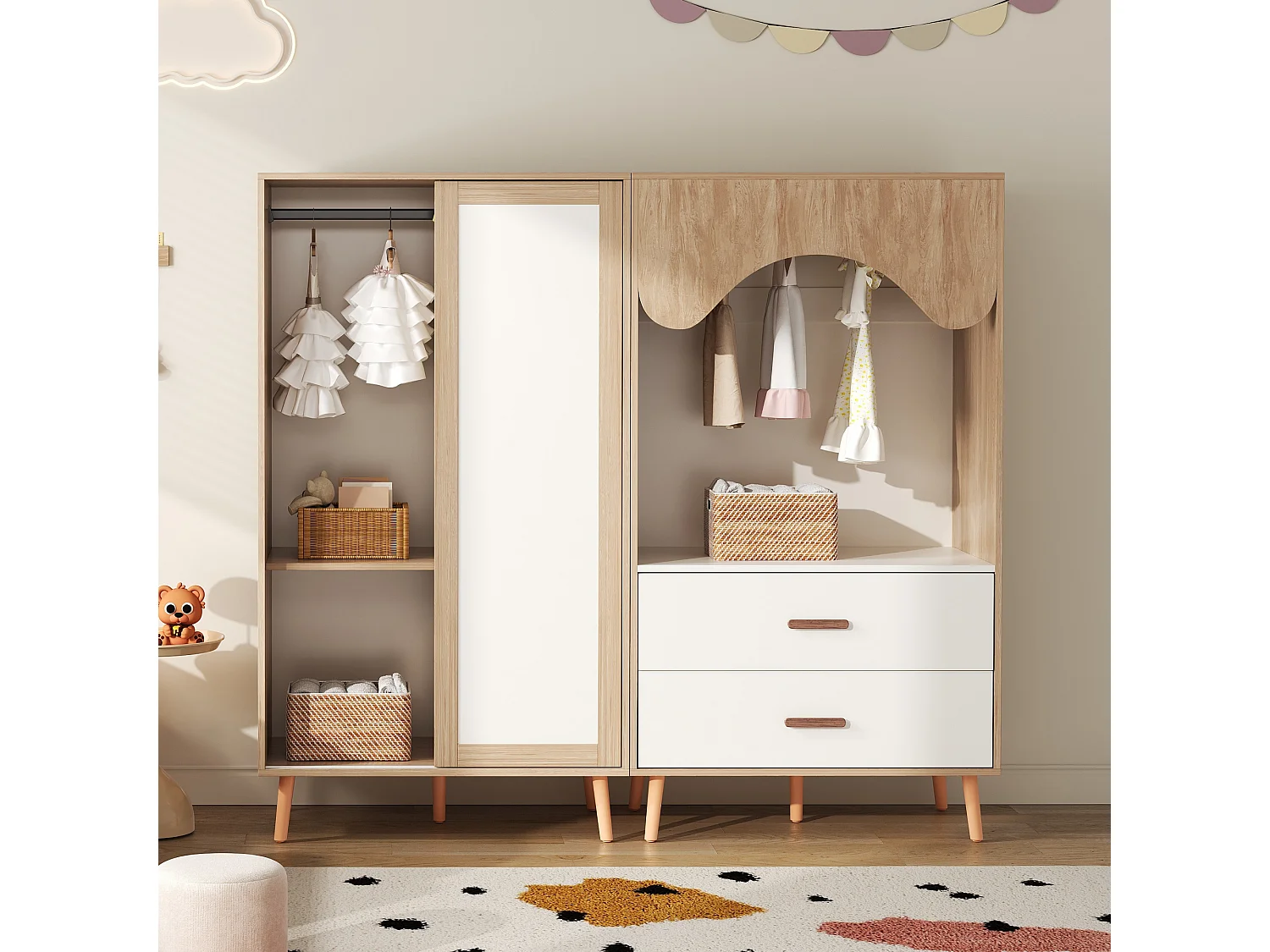 Kindergarderobeset - 80(160) x 46 x 141,5 cm - met schuifdeuren + 2 laden - MDF - naturel