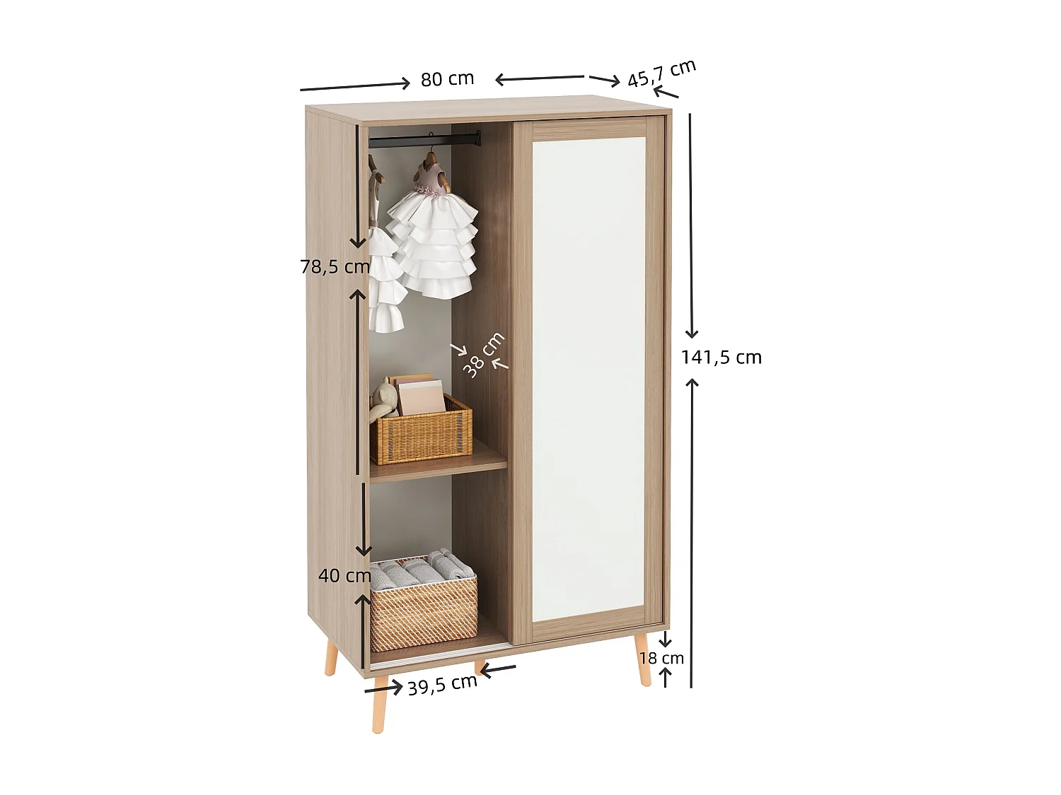 Kindergarderobeset - 80(160) x 46 x 141,5 cm - met schuifdeuren + 2 laden - MDF - naturel