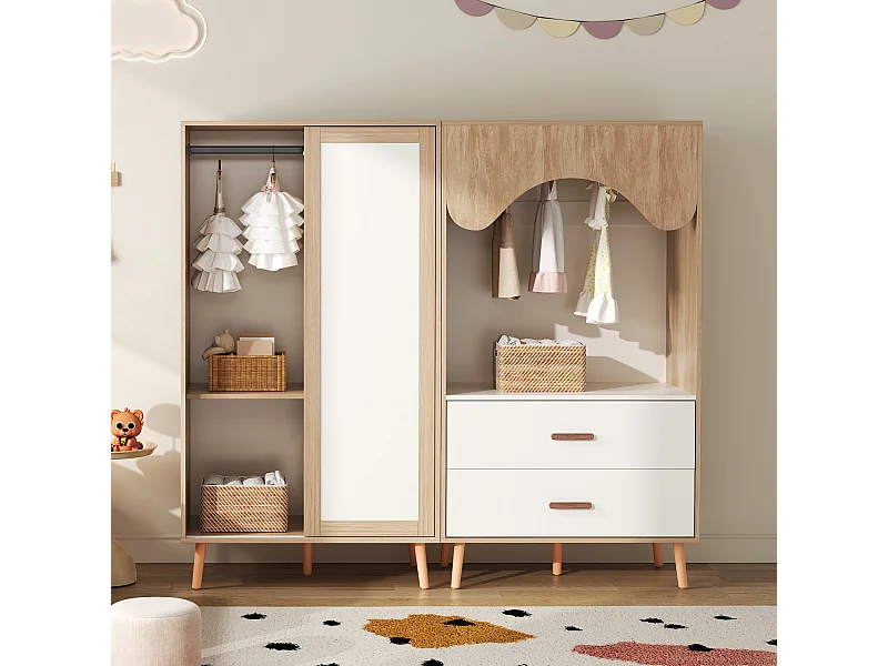 Kindergarderobeset - 80(160) x 46 x 141,5 cm - met schuifdeuren + 2 laden - MDF - naturel