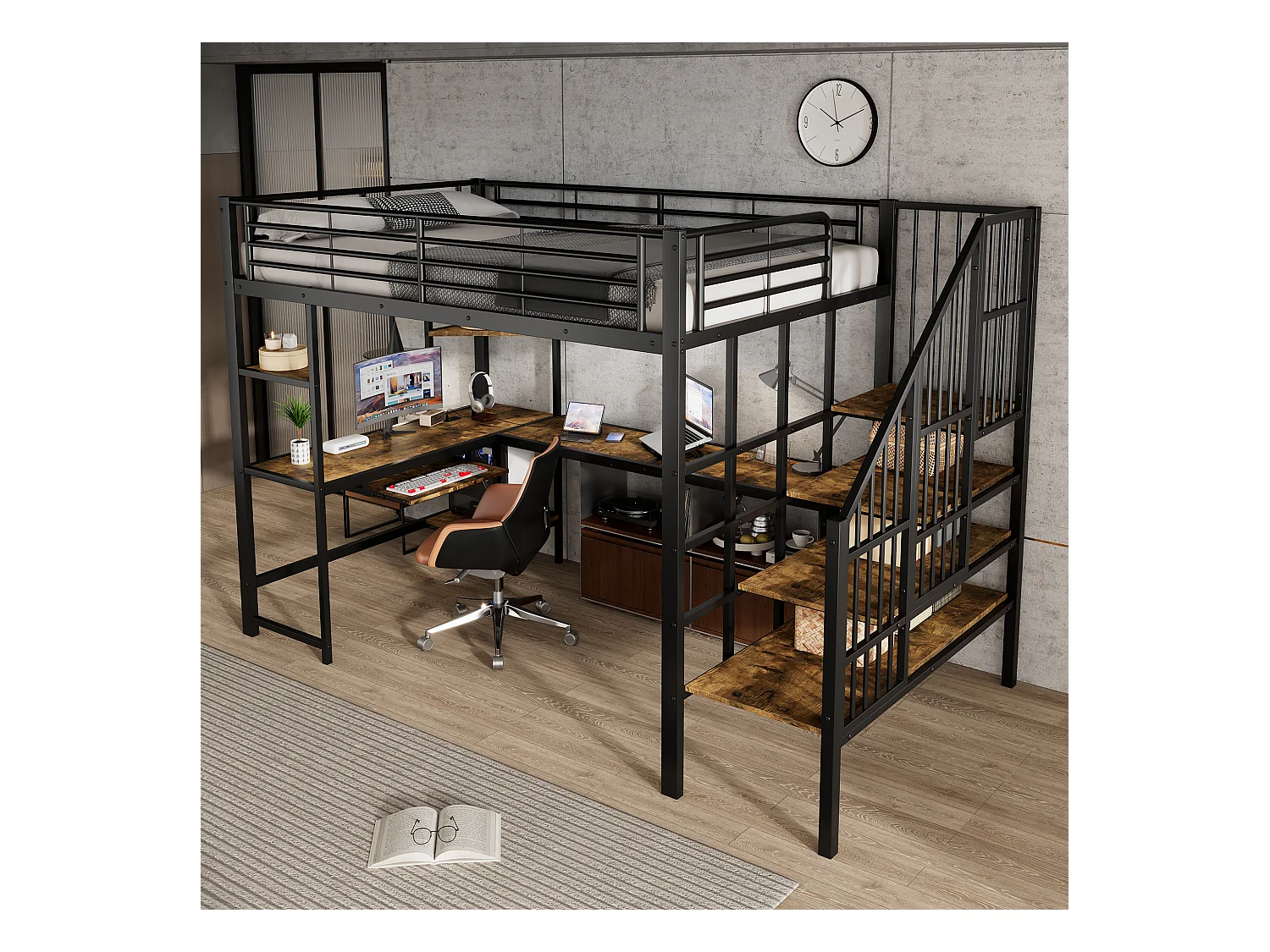 Kinderhochbett aus Eisen - 120 x 200 cm - Schreibtisch mit Tastaturablage und Stauraum - Eisen + MDF - Schwarz