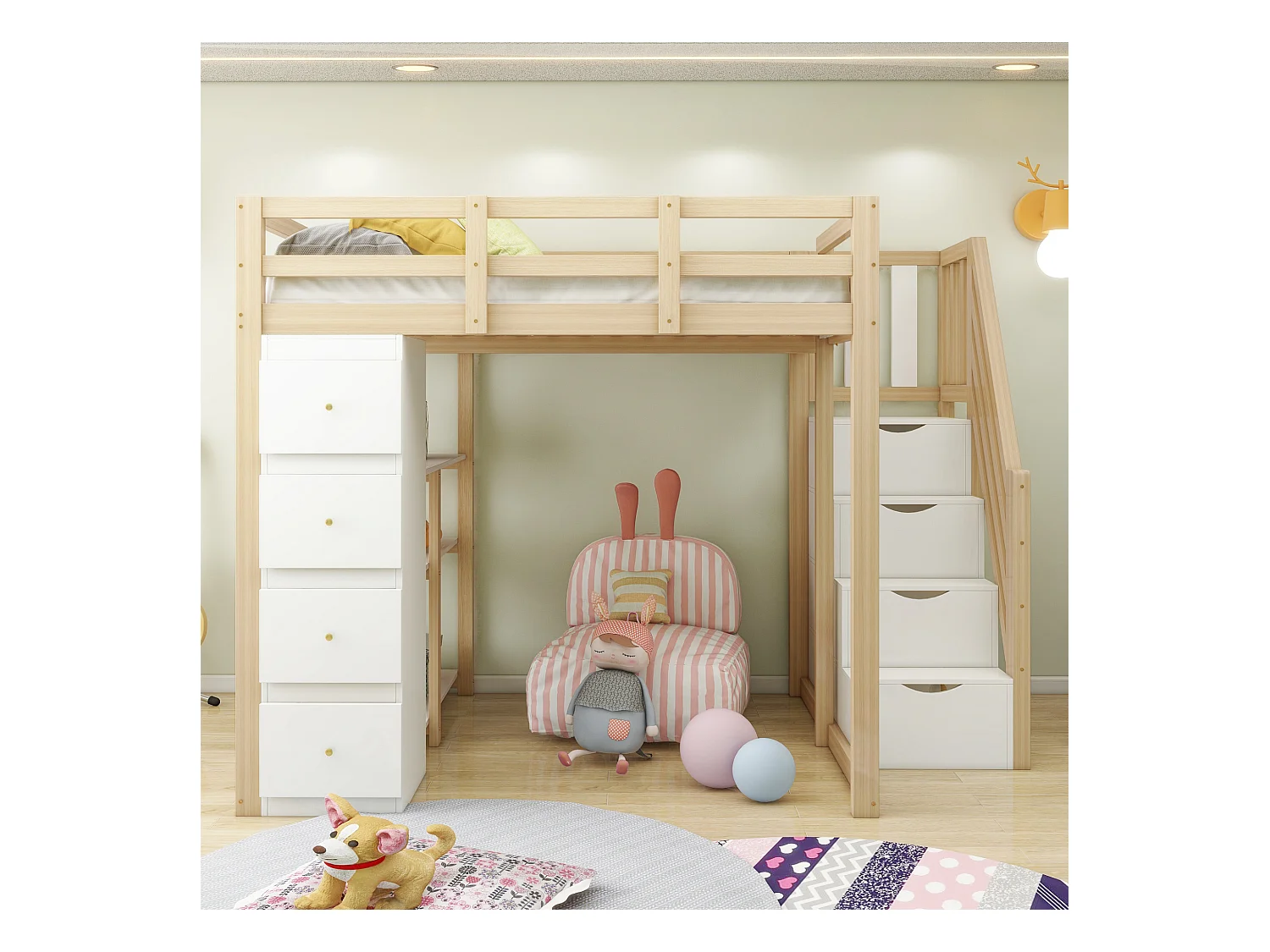 Lit mezzanine enfant - 140 x 200 cm - avec 4 tiroirs + escalier de rangement - bois - naturel