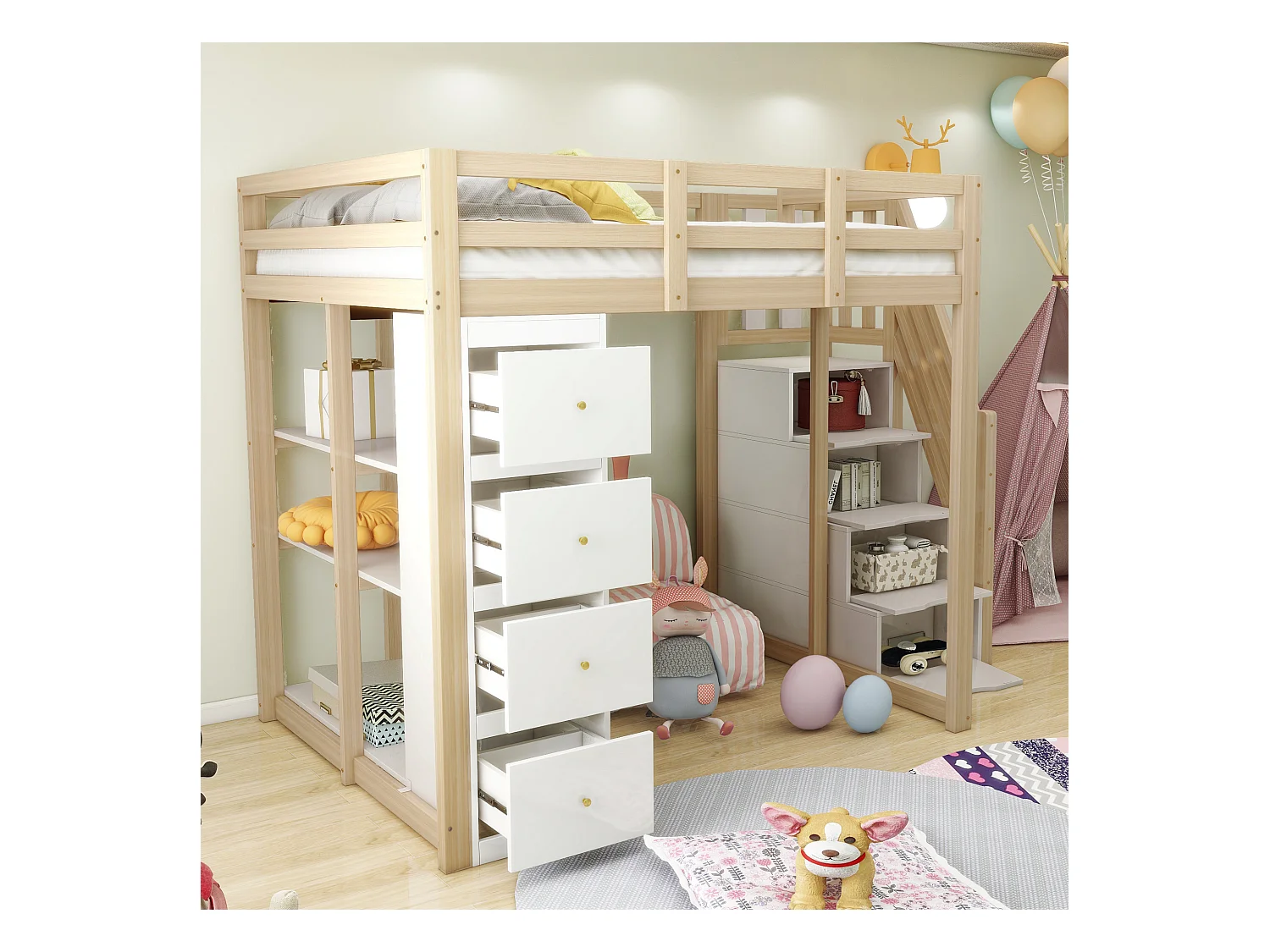 Lit mezzanine enfant - 140 x 200 cm - avec 4 tiroirs + escalier de rangement - bois - naturel