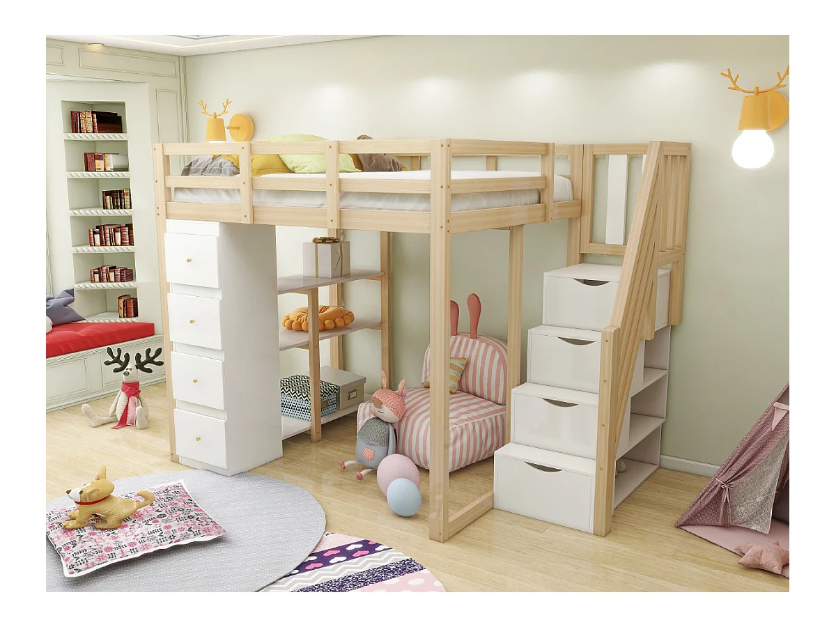 Lit mezzanine enfant - 140 x 200 cm - avec 4 tiroirs + escalier de rangement - bois - naturel