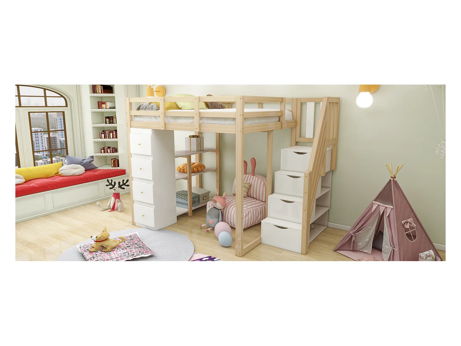 Lit mezzanine enfant - 140 x 200 cm - avec 4 tiroirs + escalier de rangement - bois - naturel