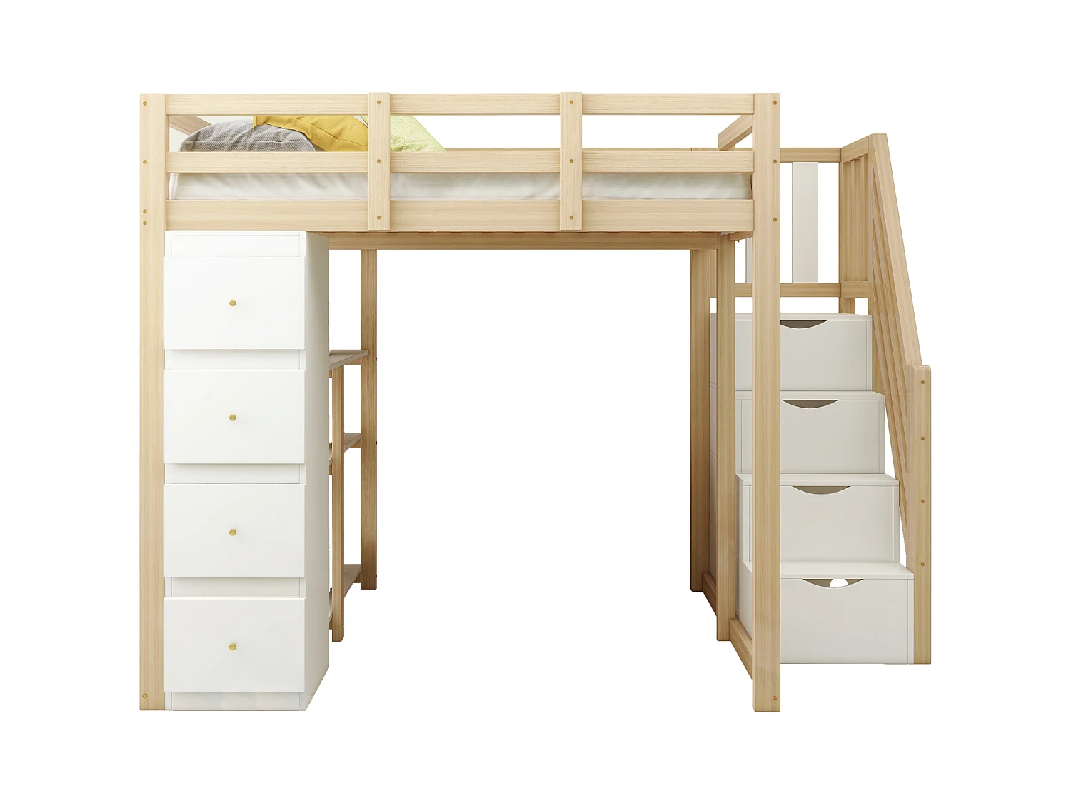 Lit mezzanine enfant - 140 x 200 cm - avec 4 tiroirs + escalier de rangement - bois - naturel