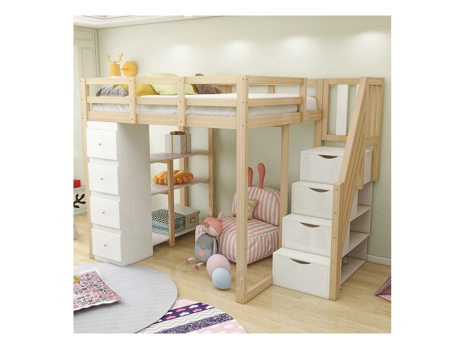 Kinderhochbett - 140 x 200 cm - mit 4 Schubladen + Stauraumtreppe - Holz - Natur