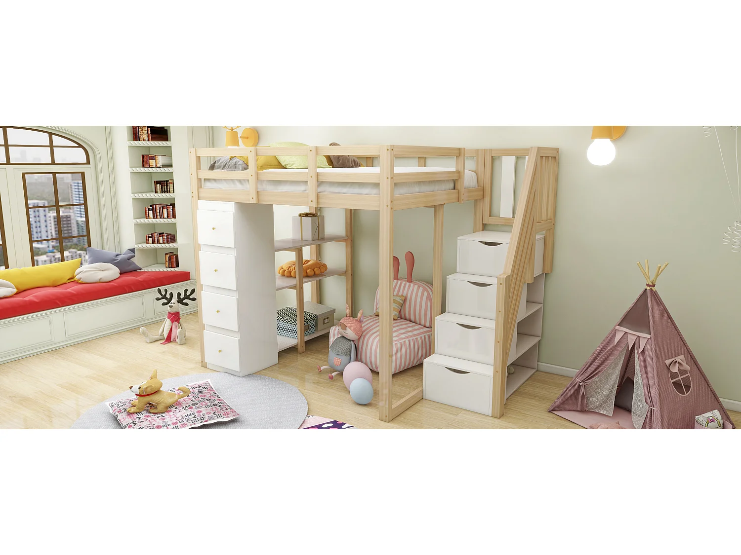 Kinderhochbett - 140 x 200 cm - mit 4 Schubladen + Stauraumtreppe - Holz - Natur