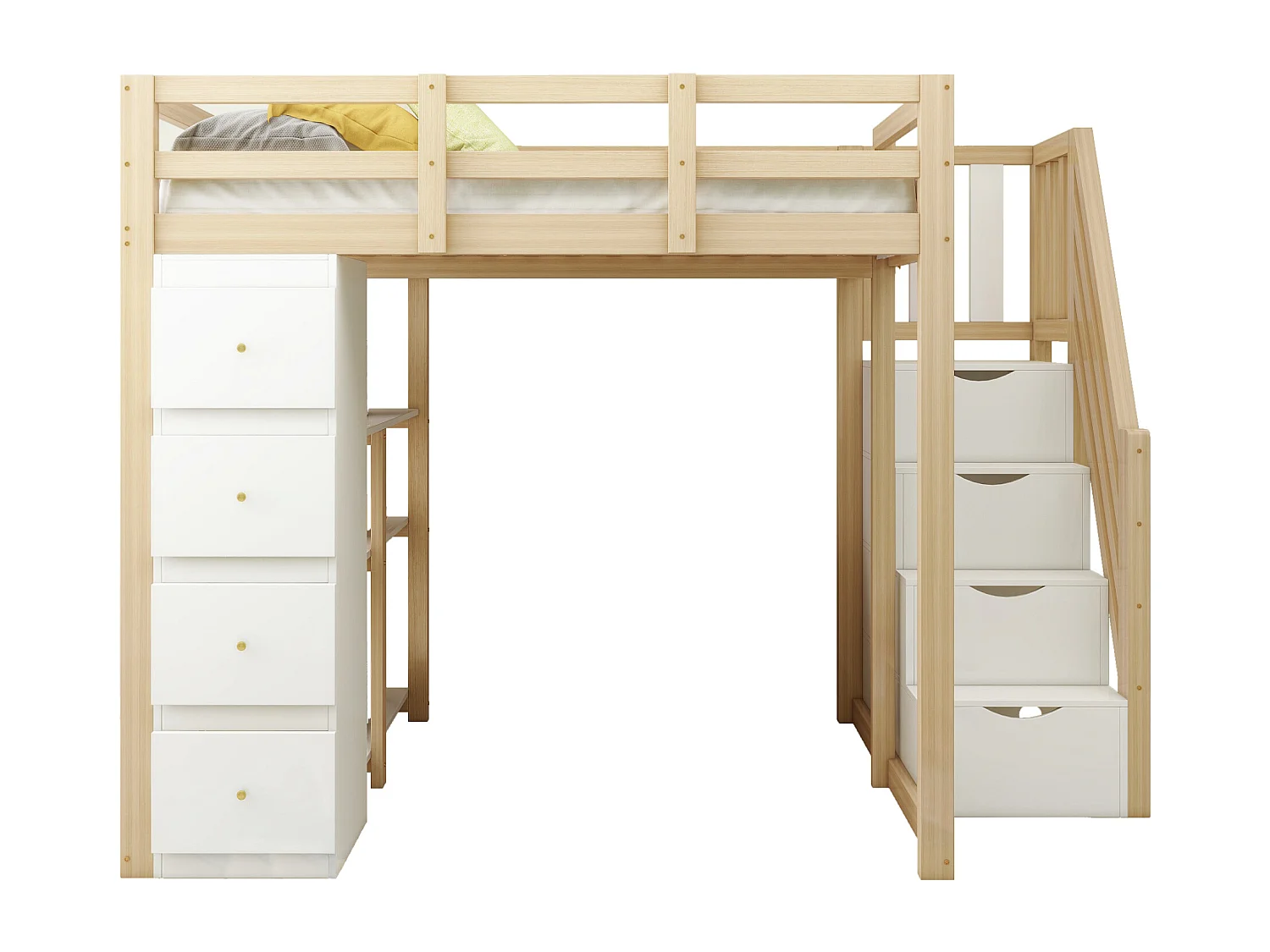 Kinderhochbett - 140 x 200 cm - mit 4 Schubladen + Stauraumtreppe - Holz - Natur