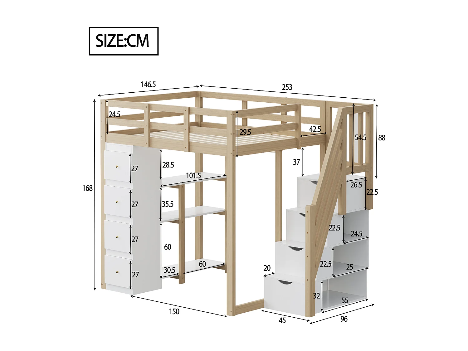 Kinderhochbett - 140 x 200 cm - mit 4 Schubladen + Stauraumtreppe - Holz - Natur