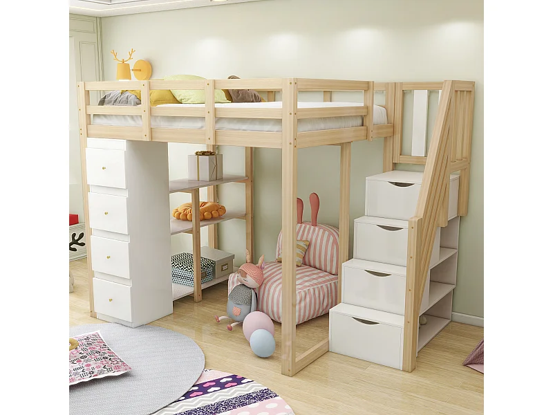 Letto a soppalco per bambini - 140 x 200 cm - con 4 cassetti + scaletta portaoggetti - legno - naturale