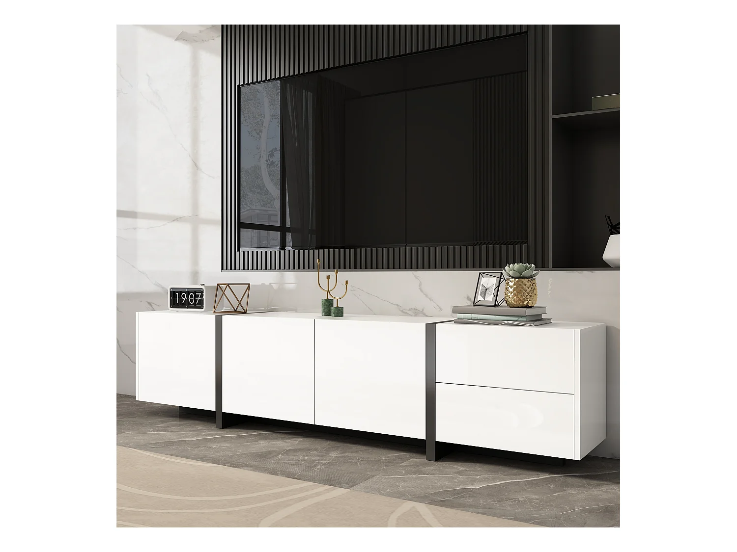 Meuble TV brillant - 170 x 30 x 39 cm - avec 4 portes + 1 tiroir - pieds contrastés - aggloméré - blanc