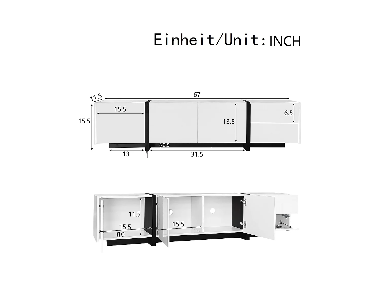 Meuble TV brillant - 170 x 30 x 39 cm - avec 4 portes + 1 tiroir - pieds contrastés - aggloméré - blanc