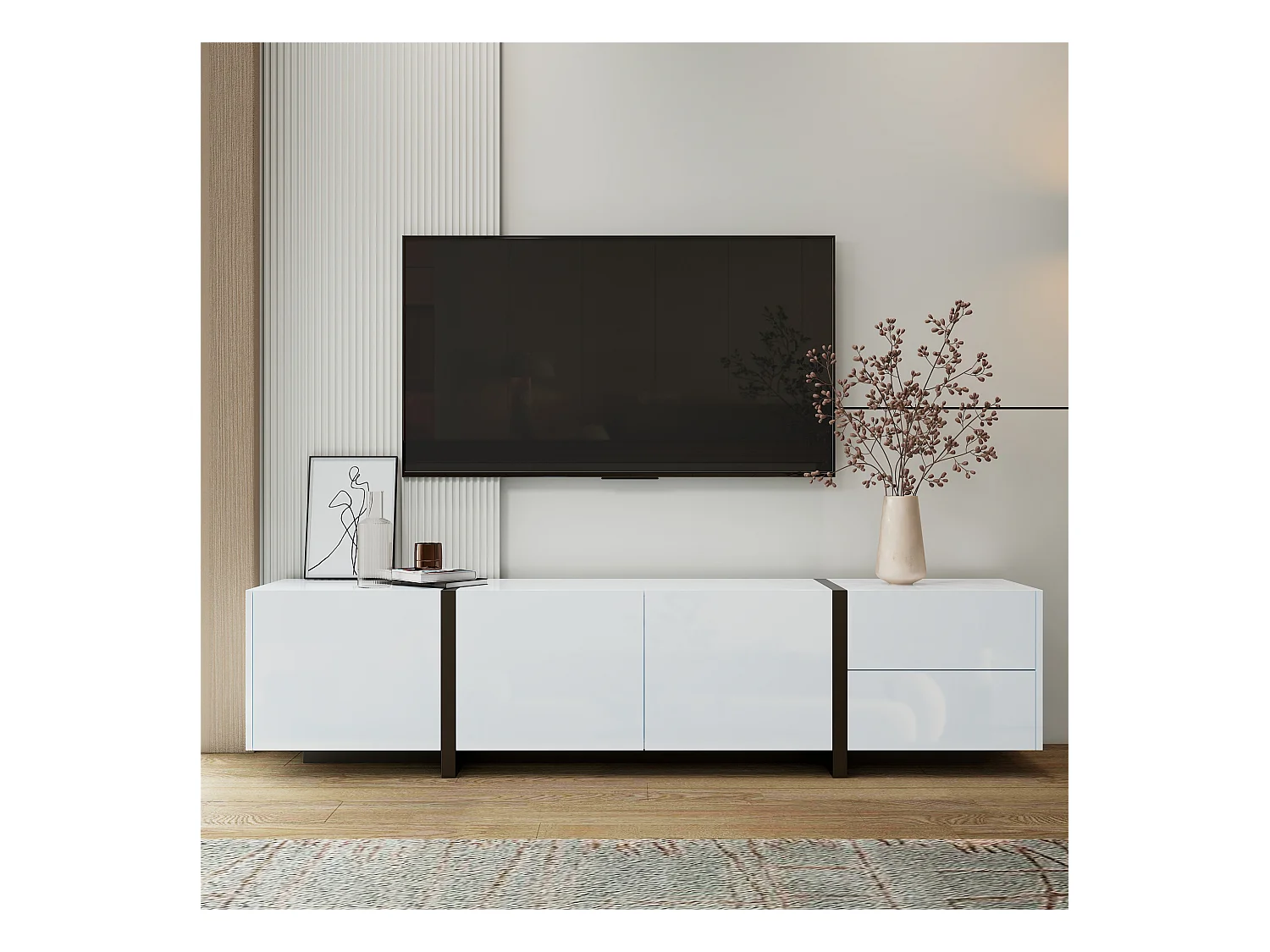 Meuble TV brillant - 170 x 30 x 39 cm - avec 4 portes + 1 tiroir - pieds contrastés - aggloméré - blanc